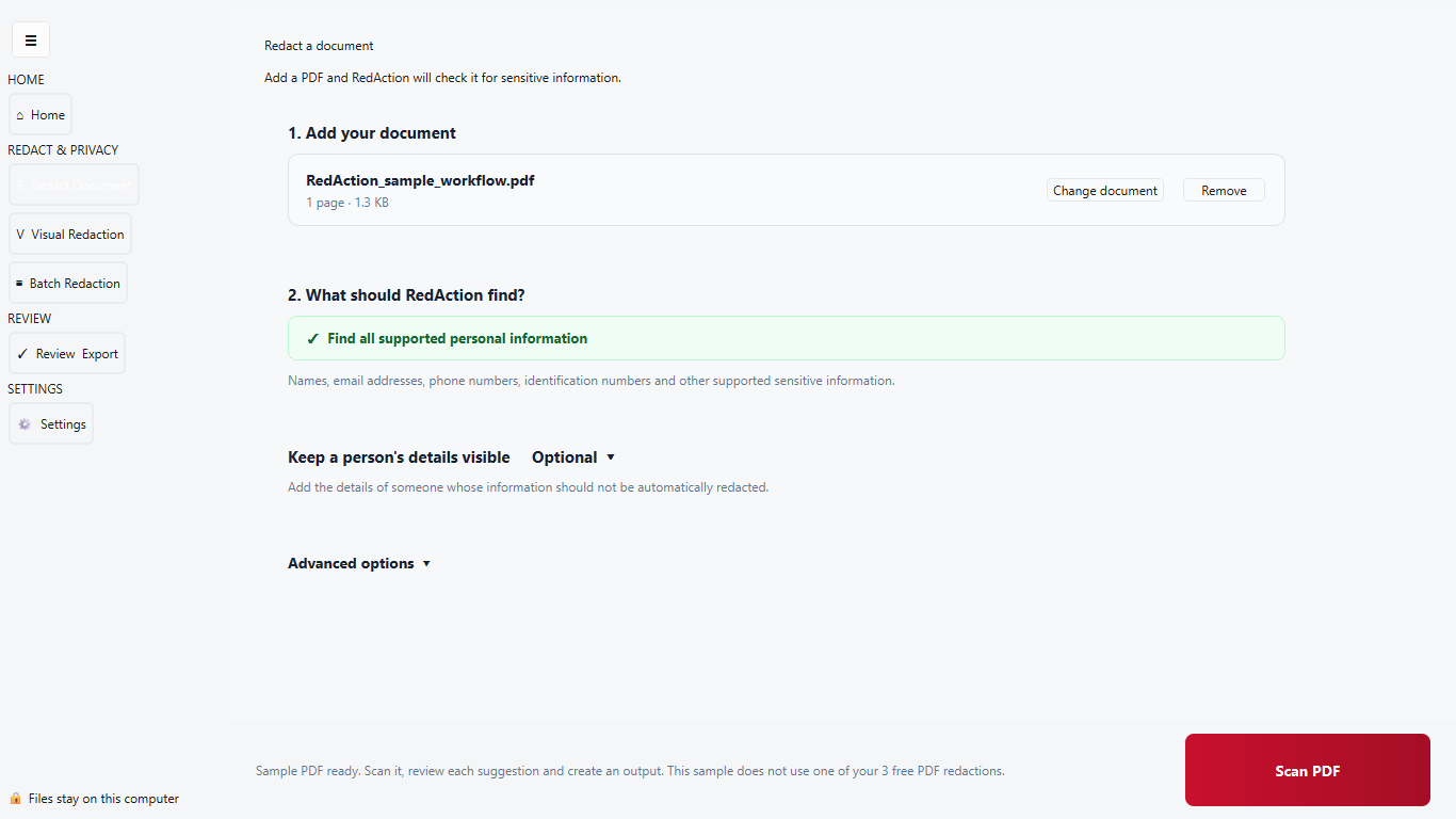 RedAction review-first PDF workflow