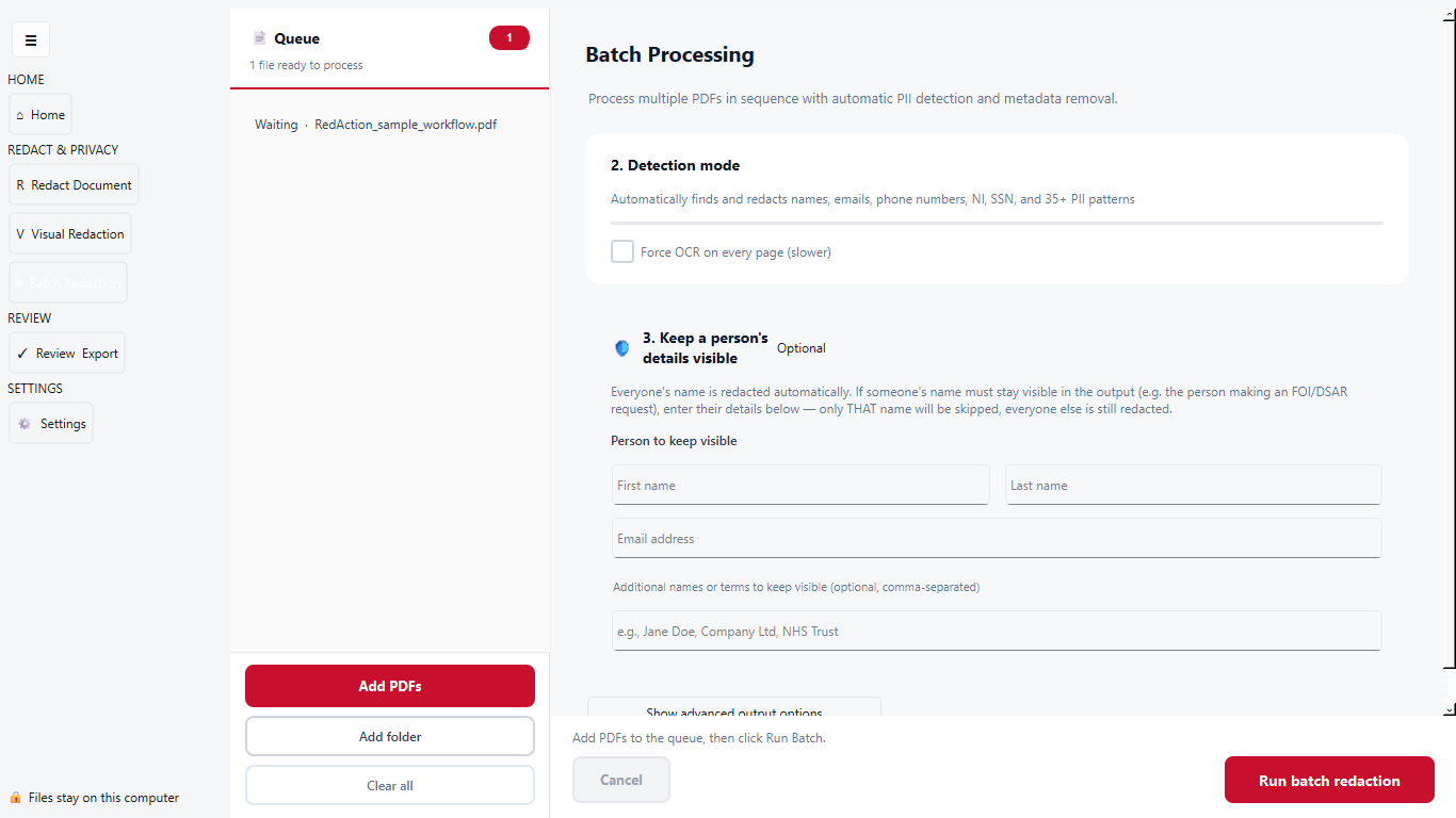 RedAction Full Access batch-processing screen