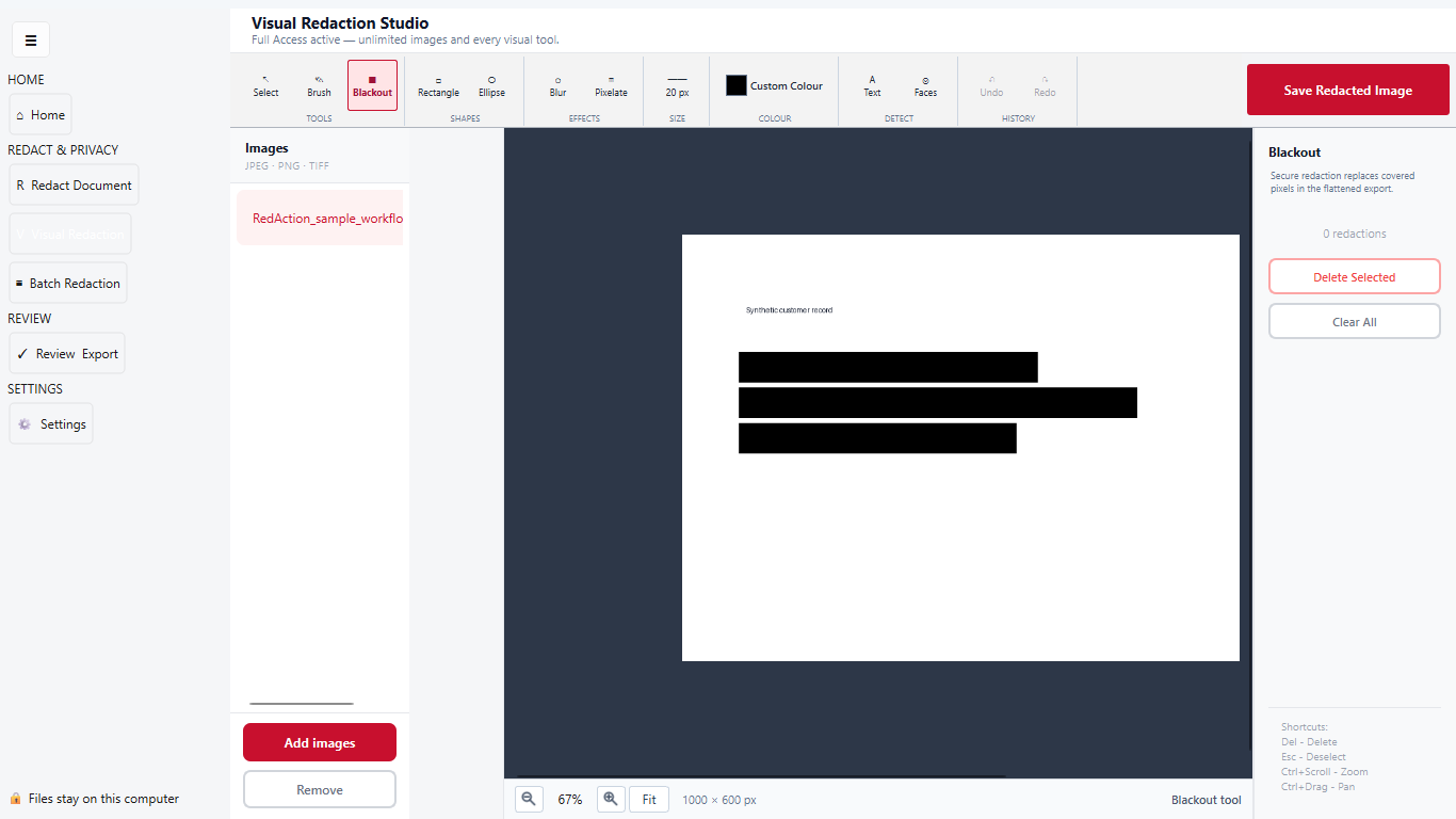 RedAction visual image-redaction workspace showing Full Access tools