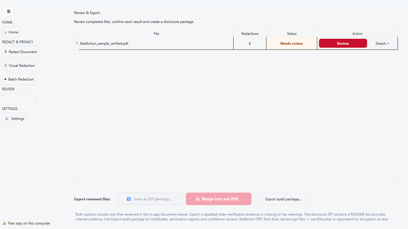 RedAction Review and Export evidence screen
