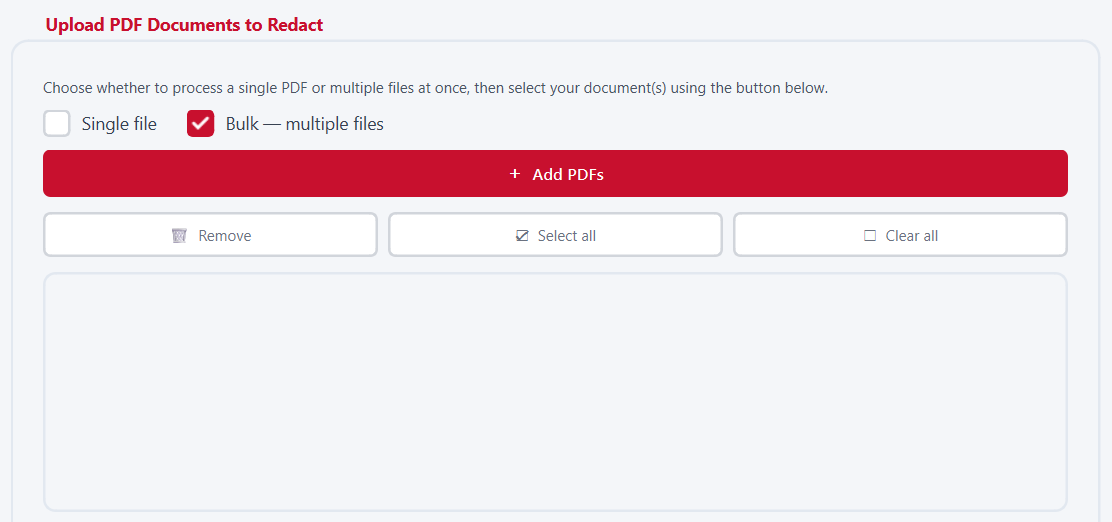 RedAction batch redaction screen