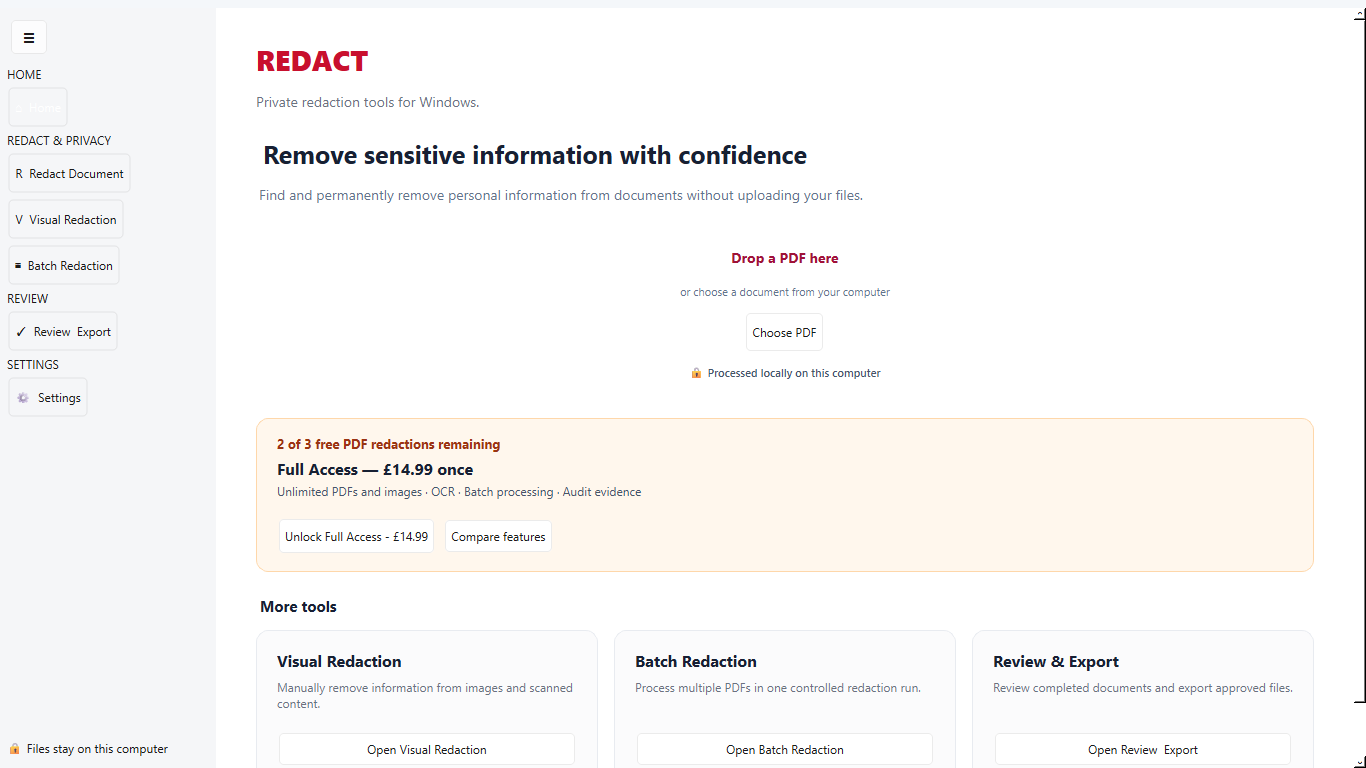 Current RedAction PDF Tool home screen showing the Free edition and direct Full Access purchase