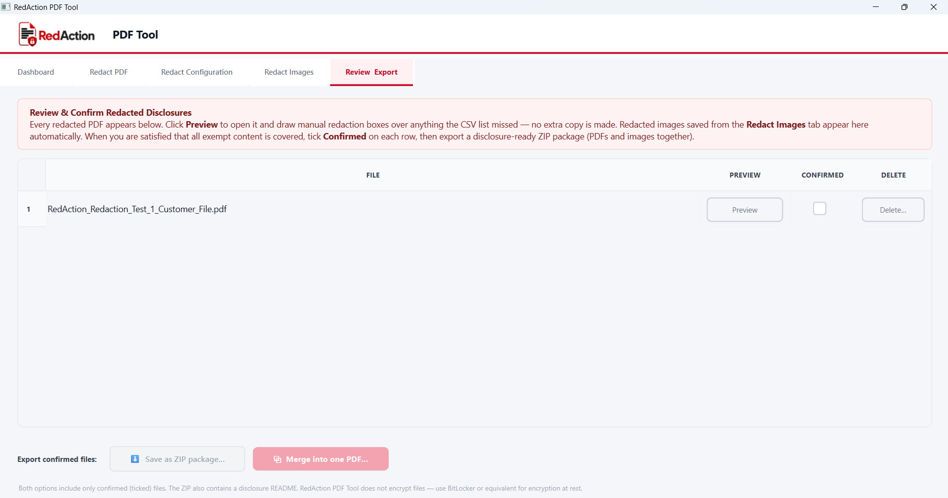 RedAction review and export screen