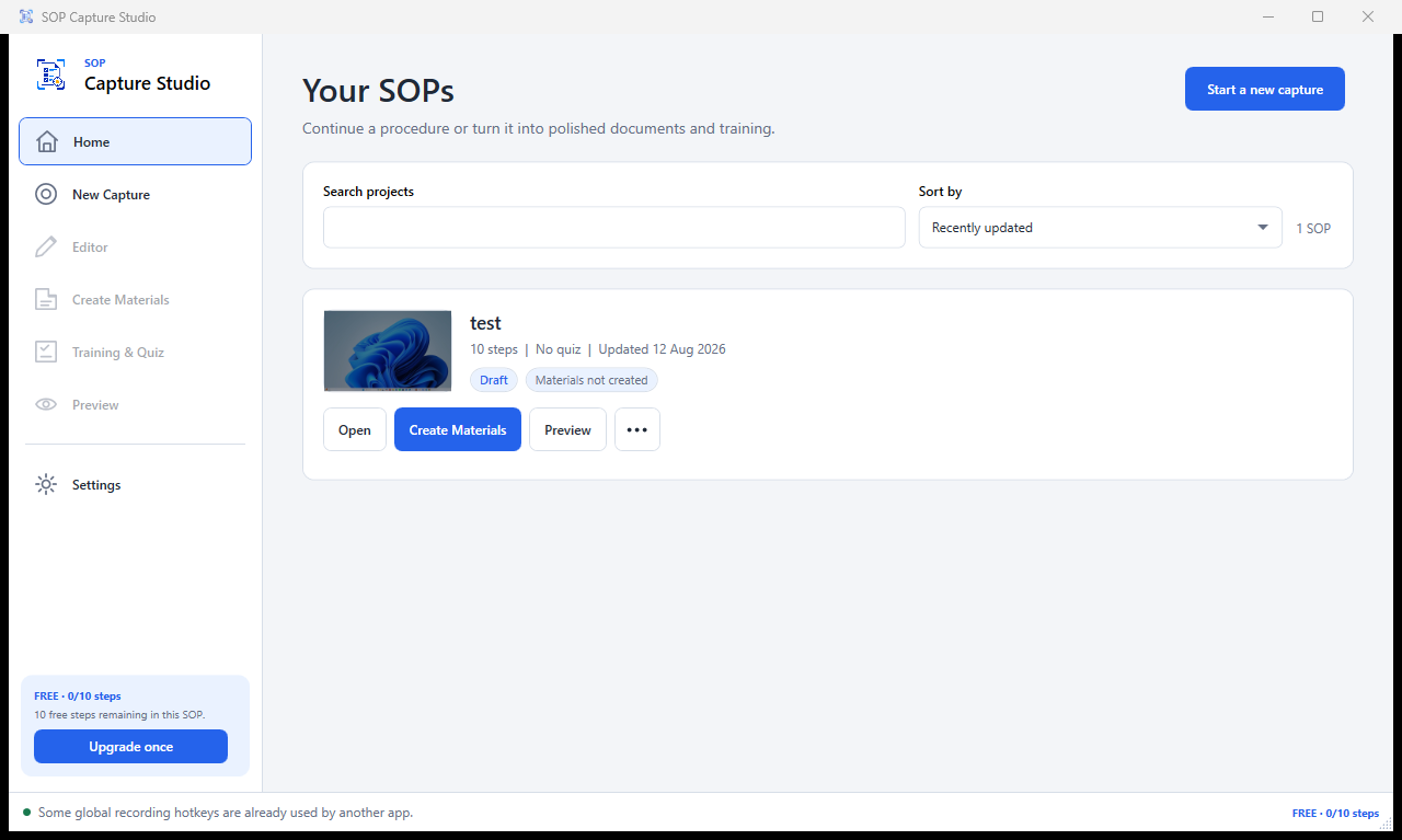 SOP Capture Studio project dashboard