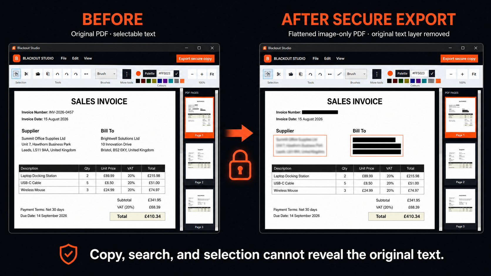 Before and after PDF comparison showing original selectable text removed from a secure flattened export