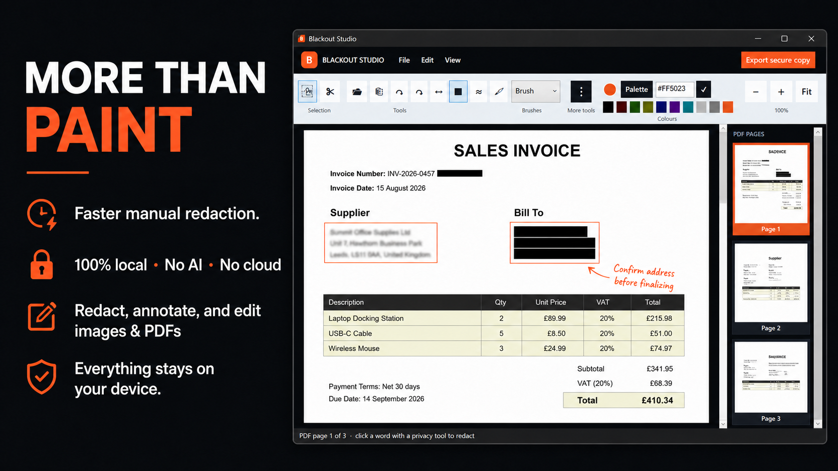 Blackout Studio redacting and annotating a multi-page PDF locally