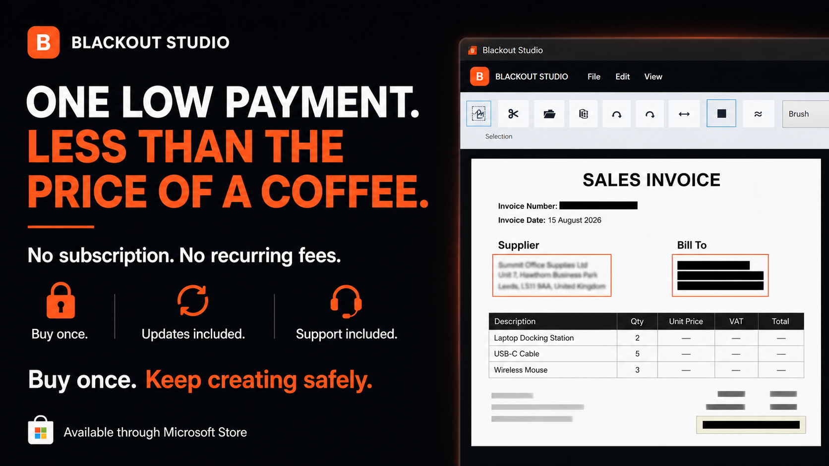 Blackout Studio value message: one low payment, no subscription, updates and support included