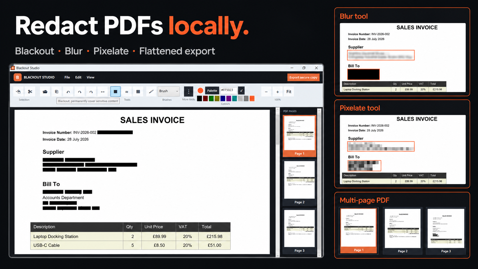 Blackout Studio showing blackout, blur, pixelation and multi-page PDF pages